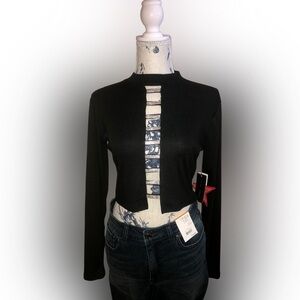 NWT Faded Rose Black Knit Crop Top Blouse w/ Rhinestone Detail | Size S